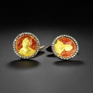 Faberge Russian Enamel Gold Coin and Diamond Cufflinks - 2