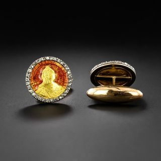 Faberge Russian Enamel Gold Coin and Diamond Cufflinks