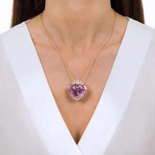 Fine 62.27 Carat Heart-Shaped Kunzite and Diamond Pendant
