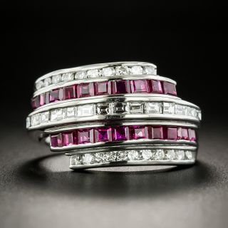 Five-Row Diamond and Ruby Ring - 1