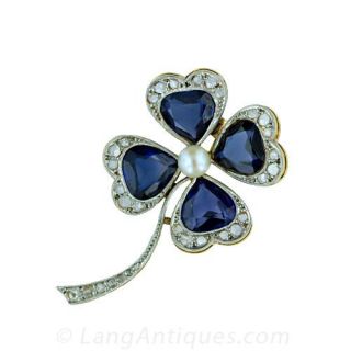 Four Leaf Clover Pin with Synthetic Sapphires and Diamonds Main View