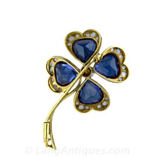 Four Leaf Clover Pin with Synthetic Sapphires and Diamonds