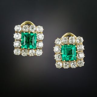 French Antique 3.83 Carat Colombian Emerald and Diamond Earrings - Minor Enhancement - 1