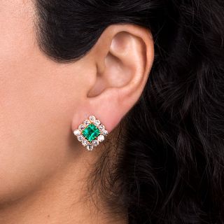 French Antique 3.83 Carat Colombian Emerald and Diamond Earrings - Minor Enhancement