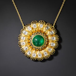 French Antique Cabochon Emerald, Diamond and Enamel Necklace - 2