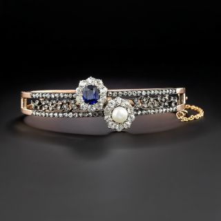 French Antique Diamond, No-Heat Sapphire, and Natural Pearl Bangle Bracelet - 2