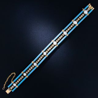 French Antique Diamond, Pearl, and Turquoise Enamel Bracelet - 5