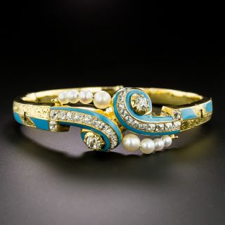 French Antique Diamond, Turquoise Enamel and Pearl Bangle  - 2