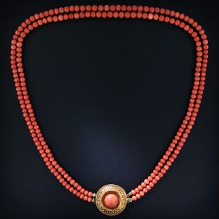 French Antique Double Coral Strand with Victorian Etruscan Revival Clasp