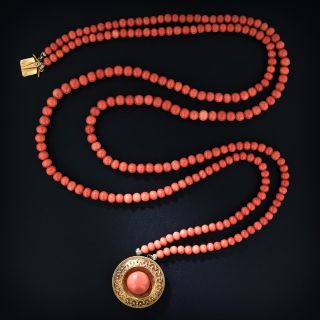 French Antique Double Coral Strand with Victorian Etruscan Revival Clasp