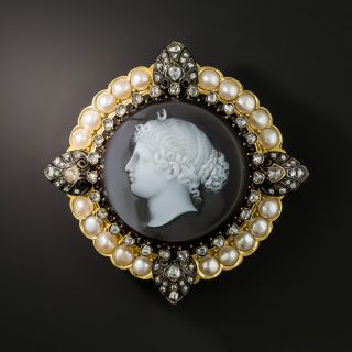 French Antique Hardstone Diamond Pearl Cameo Brooch  - 2