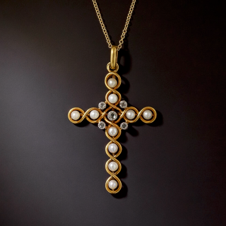 French Antique Natural Pearl and Diamond Cross - 1