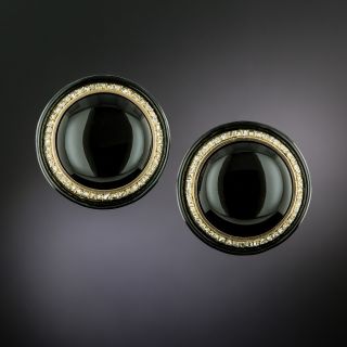 French Antique Onyx, Diamond and Enamel Button Clip Earrings - 2