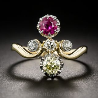 French Antique Ruby and Yellow Diamond Ring