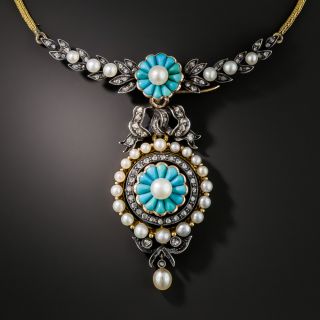 French Antique Turquoise Pearl and Diamond Necklace - 2