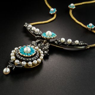 French Antique Turquoise Pearl and Diamond Necklace
