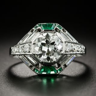 French Art Deco 1.35 Carat Diamond and Calibre Emerald Engagement Ring - 2