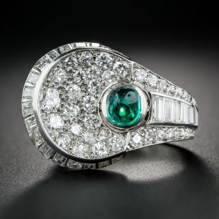 French Art Deco Cabochon Emerald And Diamond Ring - 8