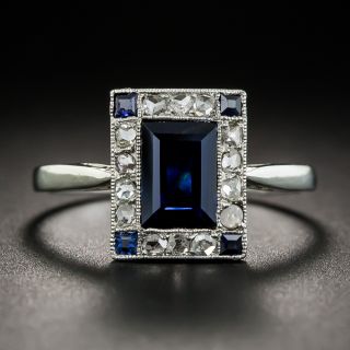 French Art Deco Emerald-Cut Sapphire Rose-Cut Diamond Ring - 1