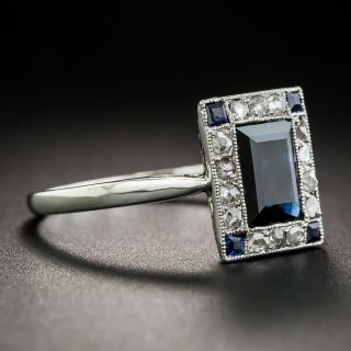 French Art Deco Emerald-Cut Sapphire Rose-Cut Diamond Ring