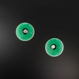 French Art Deco Green Chalcedony and Diamond Stud Earrings  - 2