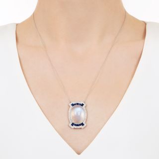 French Art Deco Large Moonstone, Diamond and Sapphire Pendant