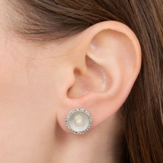 French Art Deco Natural Pearl and Diamond Disc Earrings