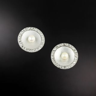 French Art Deco Natural Pearl and Diamond Disc Earrings - 2