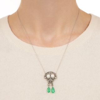 French Art Deco Pearl, Emerald and Diamond Lavalière 