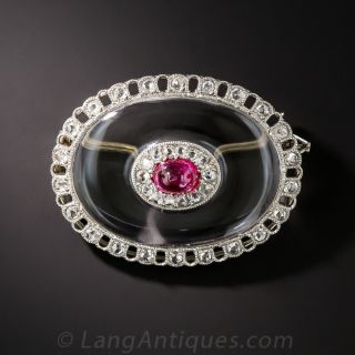 French Art Deco Ruby, Diamond and Crystal Brooch