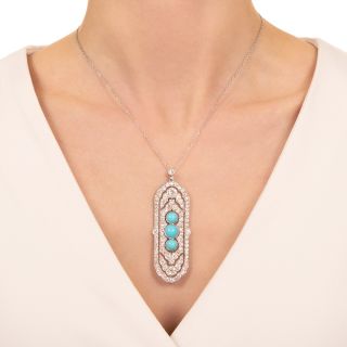 French Art Deco Turquoise and Diamond Pendant