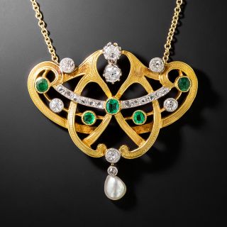 French Art Nouveau Emerald, Diamond and Natural Pearl Lavalière  - 2