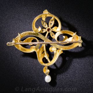 French Art Nouveau Ruby and Diamond Flower Brooch 