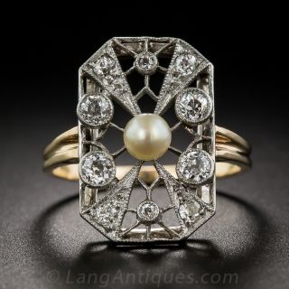 French Belle Epoch Diamond and Pearl Dinner Ring 