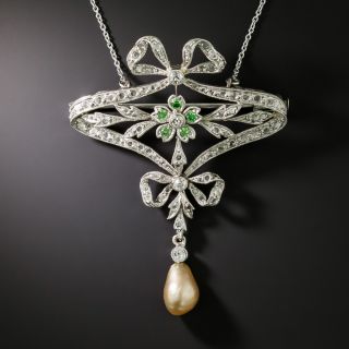 French Belle Epoque Diamond, Demantoid Garnet and Natural Pearl Pendant/Brooch - GIA  - 2