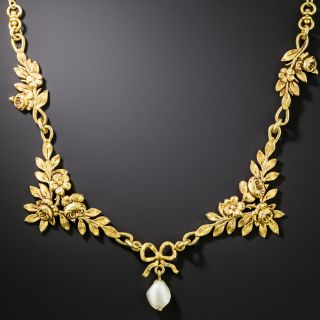French Belle Epoque Flower Necklace with Pearl Drop - 2