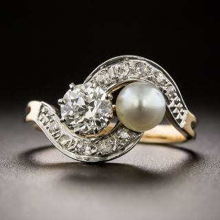 French Belle Epoque Moi et Toi Pearl and Diamond Ring - 3
