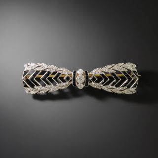 French Belle Époque Onyx and Diamond Bow Brooch - 2