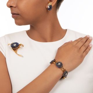 French, Chaumet Sapphire Bracelet, Brooch and Earring Suite