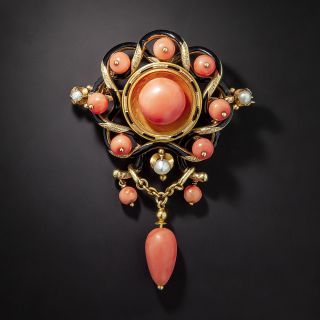 French Coral, Pearl and Black Enamel Antique Brooch  - 1