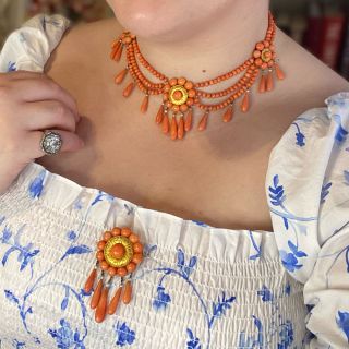 French Coral Three-Piece Necklace, Earring and Brooch Suite