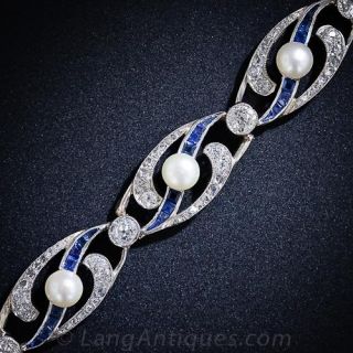 French Edwardian Natural Pearl, Diamond, Sapphire and Platinum Bracelet