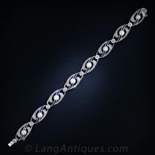 French Edwardian Natural Pearl, Diamond, Sapphire and Platinum Bracelet - 3