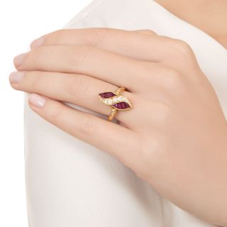 French Estate Baguette Ruby and Diamond Twist Ring
