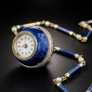 French Guilloche Enamel Diamond Ball Watch Necklace - 1