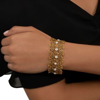 French Import Wide Gold and Natural Pearl Bracelet, Circa 1900