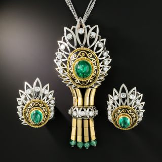 French Mid-Century Emerald and Diamond Necklace and Earring Set - GIA F1 - 2