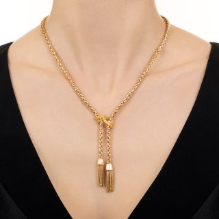 French Mid-Century Gold Double Tassel Necklace