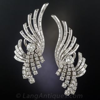 French Mid-Century Platinum and Diamond Feather Spray Earrings - 1