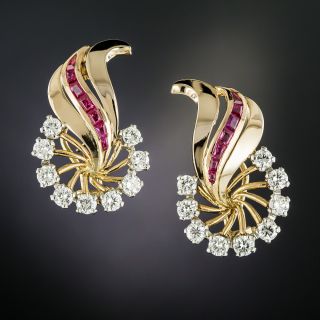 French Retro Ruby and Diamond Leaf Earrings  - 2